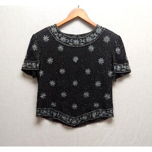 Vtg Black Beaded Silk Evening Top Sequin Floral Embroidered Formal Blouse L